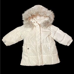 Zara Girls Cream Puffer Jacket - Faux Fur Trim, Size Nine to Twelve Months